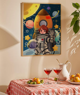 Young Astronaut with Rocket and Planets in Space Adventure