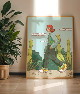 Person walking in desert landscape with cacti