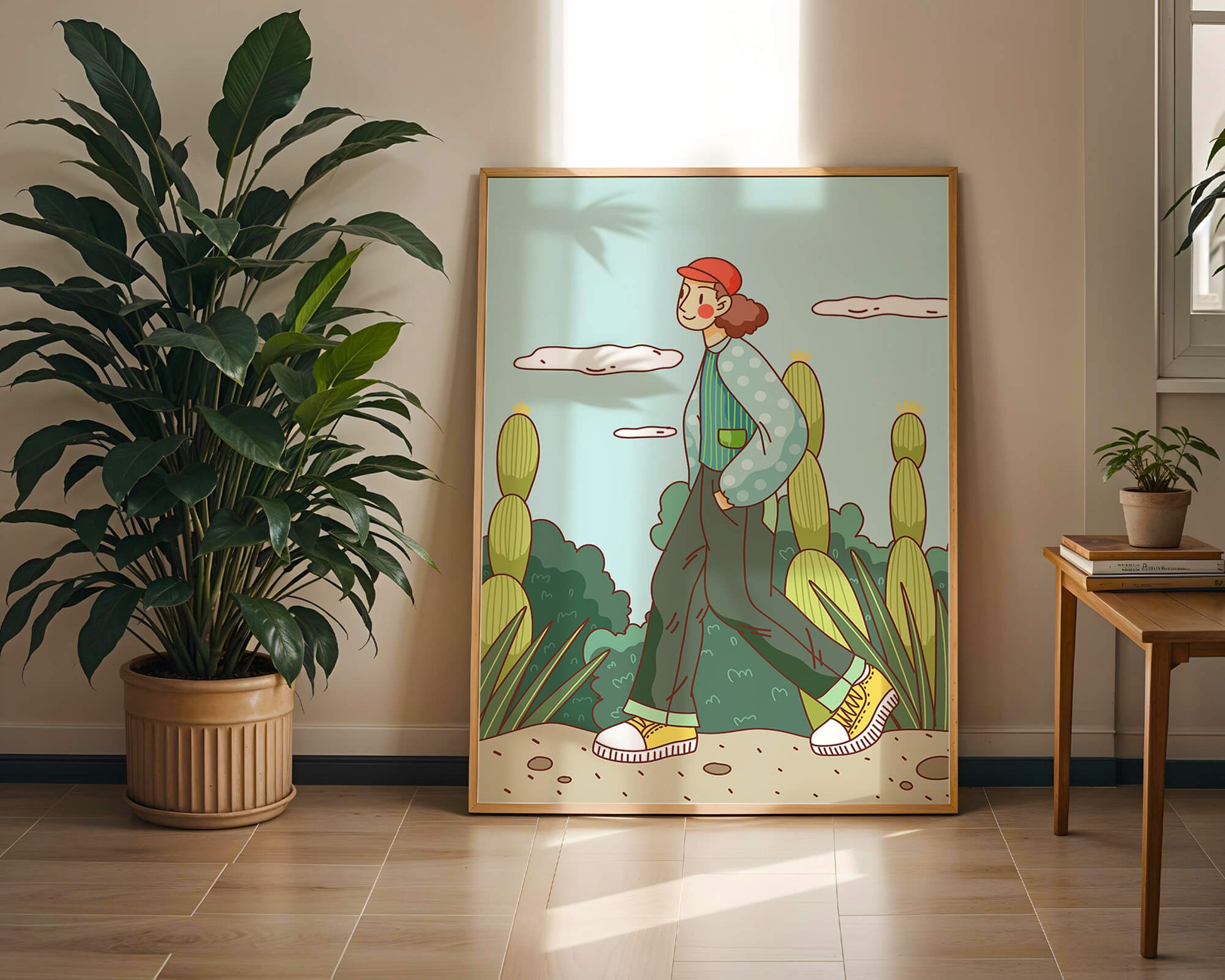 Person walking in desert landscape with cacti