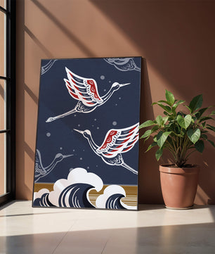 Illustrative cranes flying over ocean waves with dark background