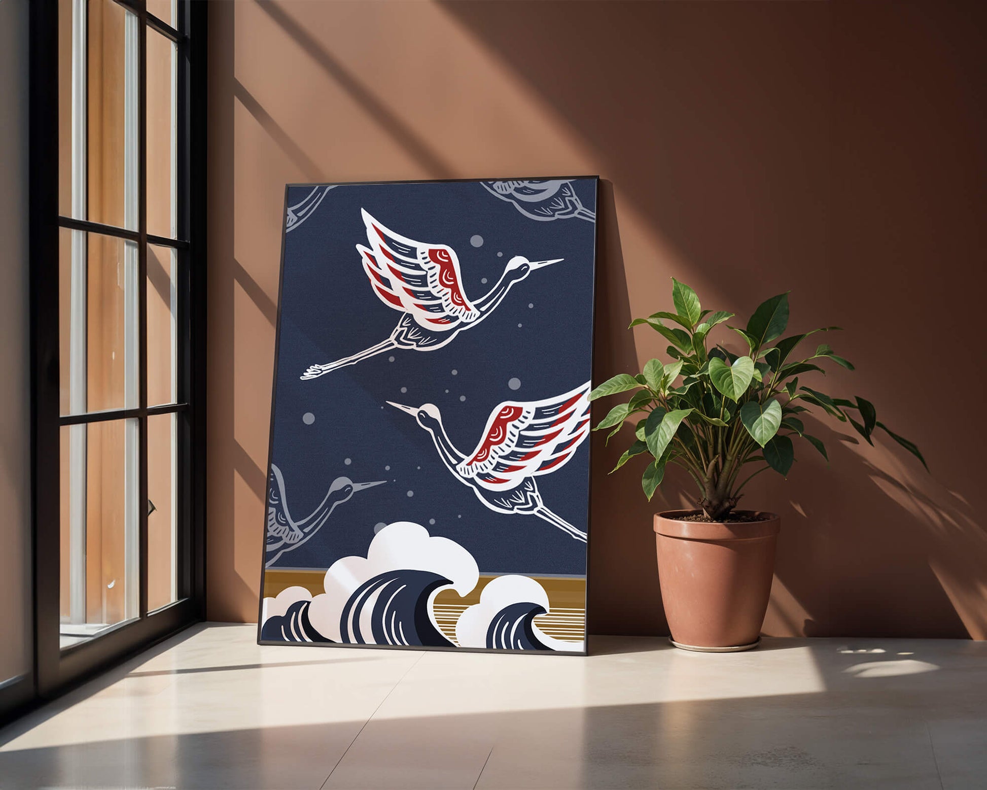 Illustrative cranes flying over ocean waves with dark background