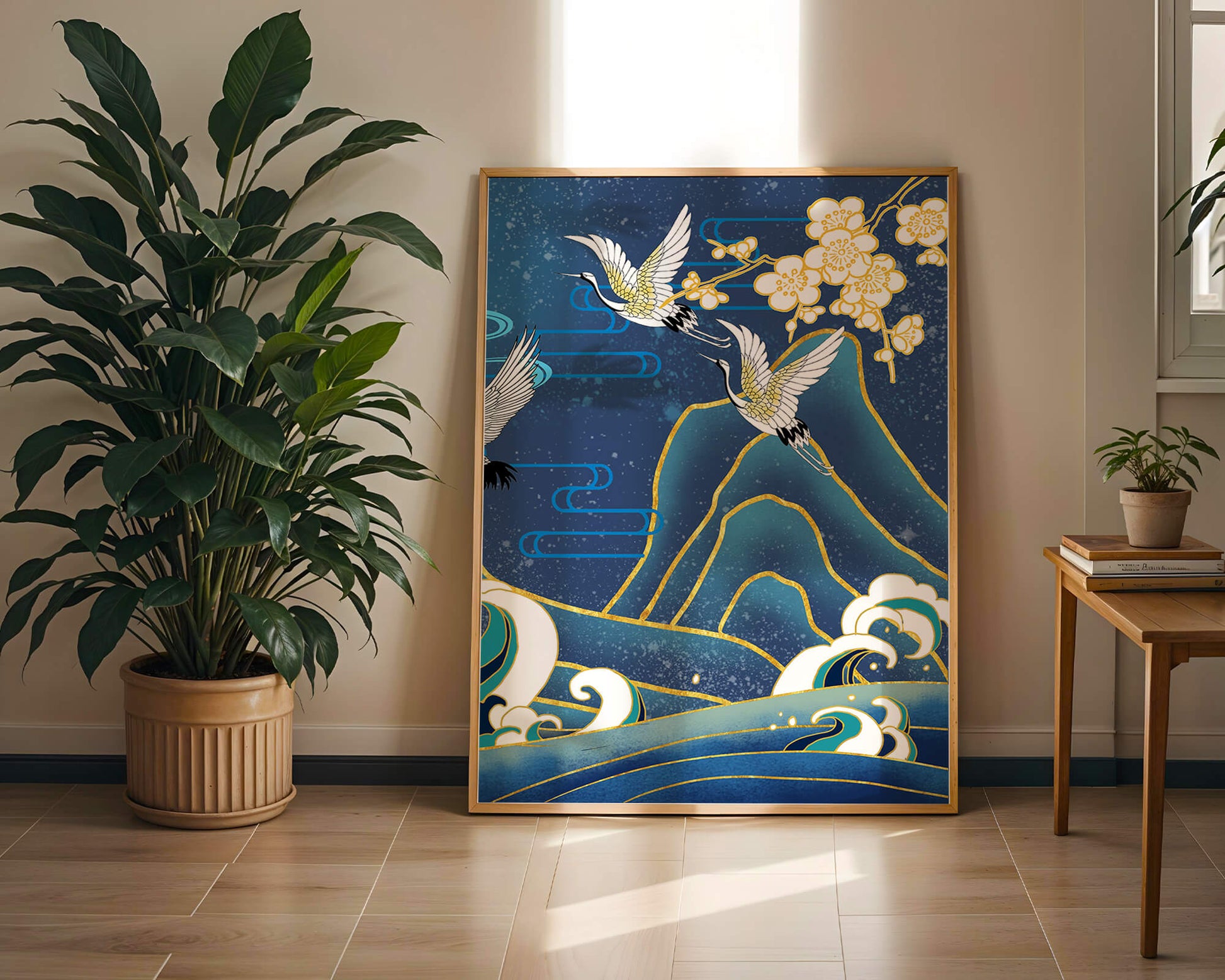 Elegant Cranes in Flight over Ocean Waves with Golden Accents and Blossoms