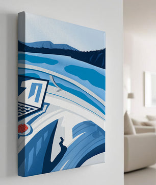 Modern Laptop and Scenic Lake View Illustration