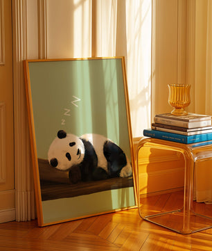 Peaceful panda resting on a log in a serene setting