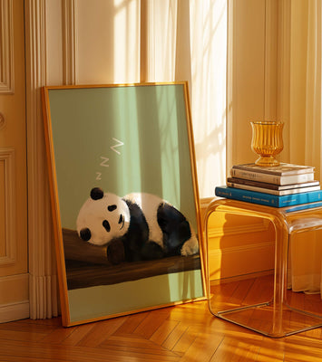 Peaceful panda resting on a log in a serene setting