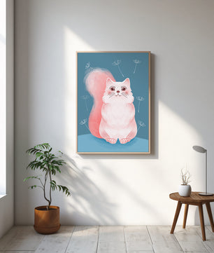 Whimsical Cat Illustration with Dandelions on Blue Background - Mi tienda