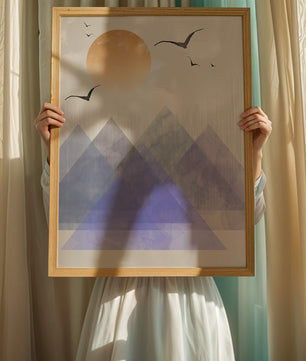 Abstract Mountain Landscape with Geometric Elements and Soaring Birds