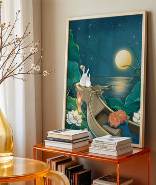 Ilustración serena de conejos contemplando una luna brillante sobre un lago tranquilo