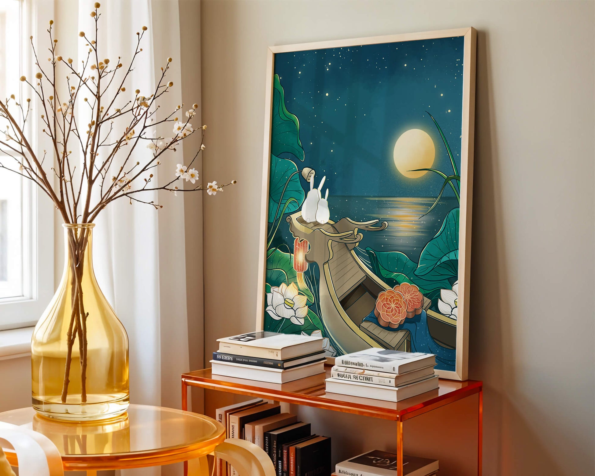 Serene illustration of rabbits gazing at a bright moon on a tranquil lake