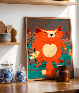 Illustration Of A Cute Orange Cat Surrounded By Stylized Trees And Plants