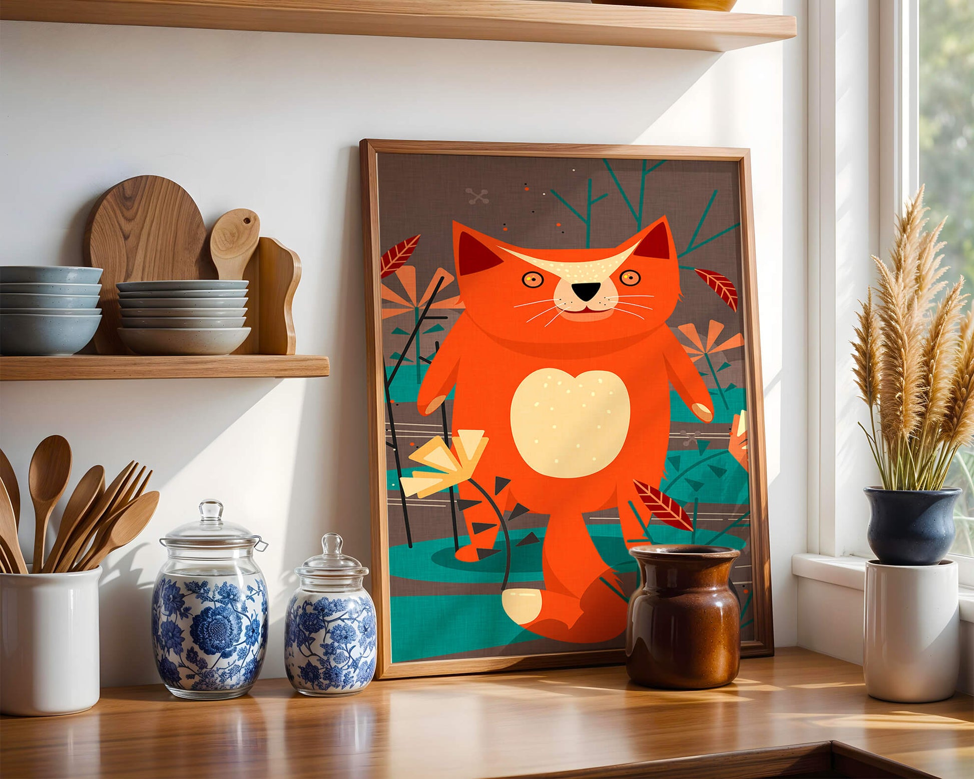 Illustration Of A Cute Orange Cat Surrounded By Stylized Trees And Plants