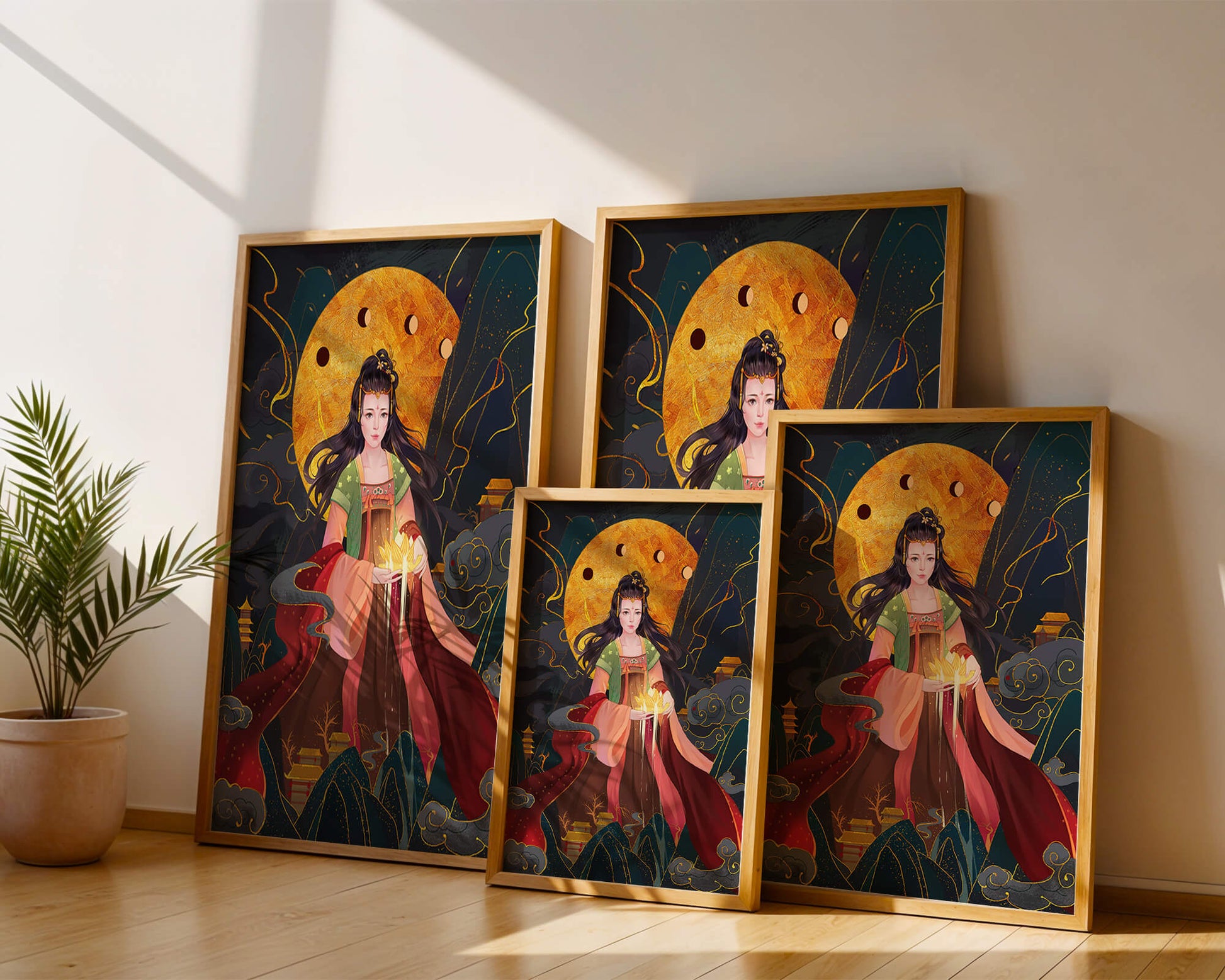 Elegante representación de una figura mítica con un fondo celestial dorado.