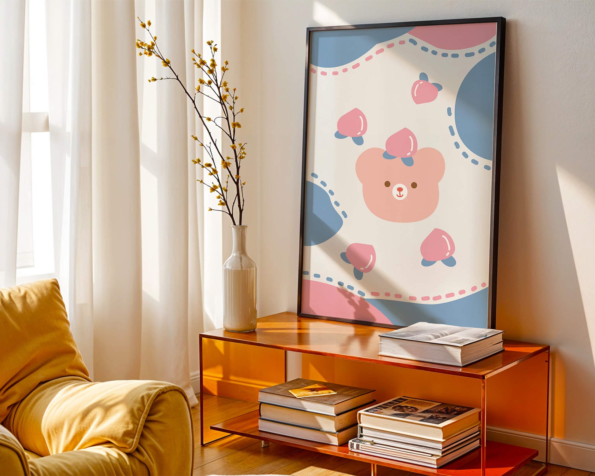 Adorable pastel bear with peaches and dotted background