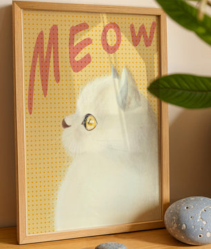Profile View of a White Cat with Meow Text on Yellow Background