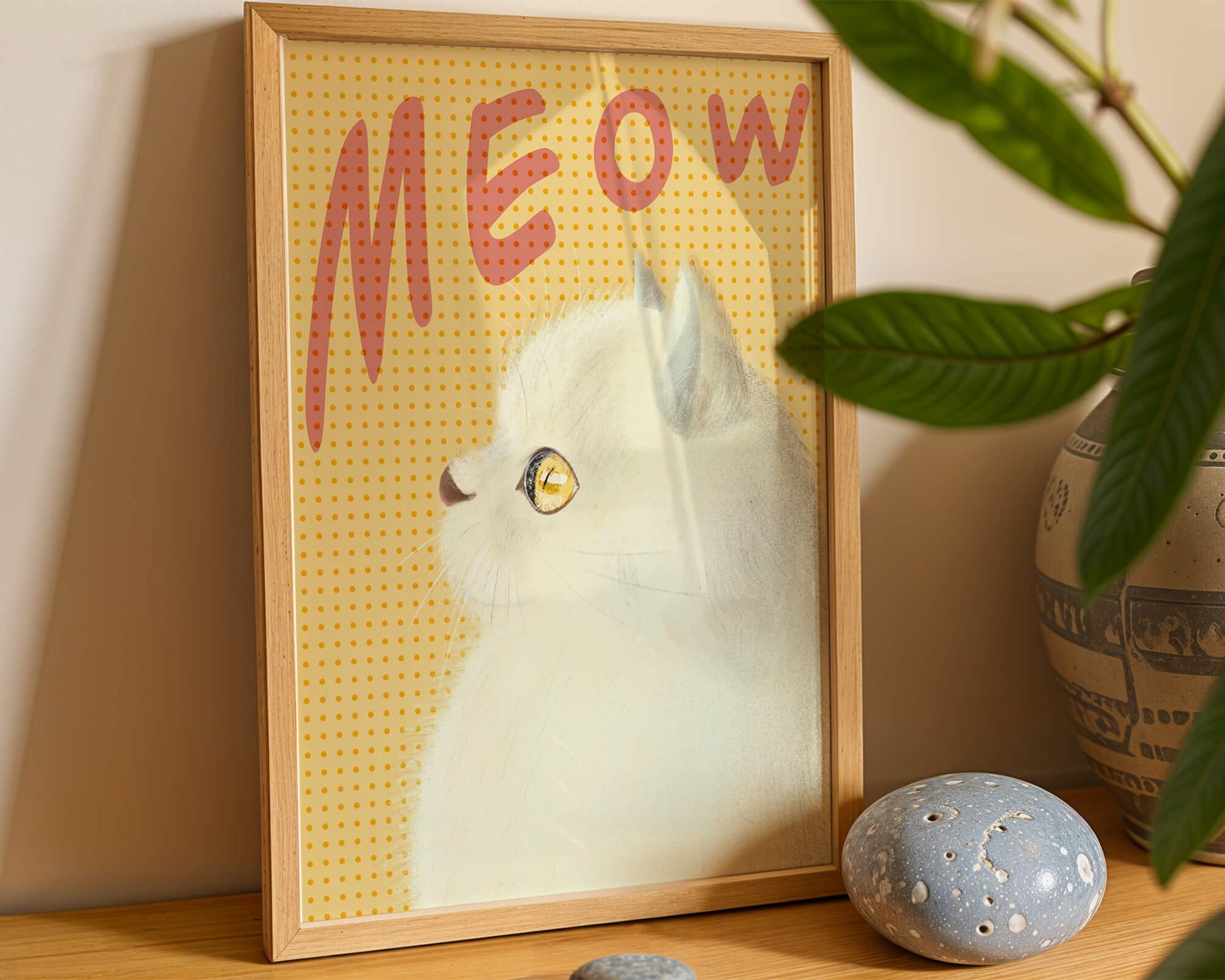 Profile View of a White Cat with Meow Text on Yellow Background