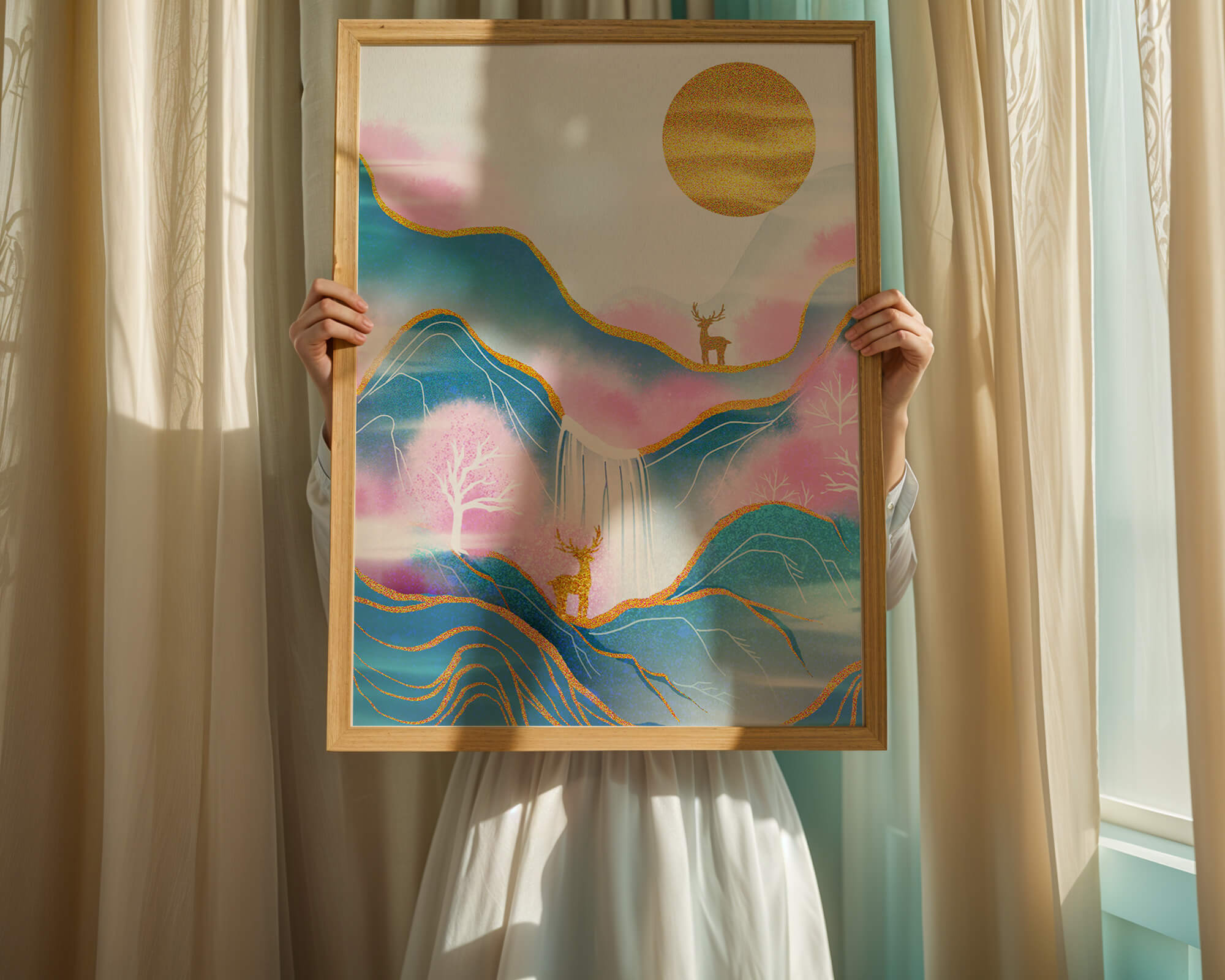 Golden deer in a pastel mountain landscape with pink skies