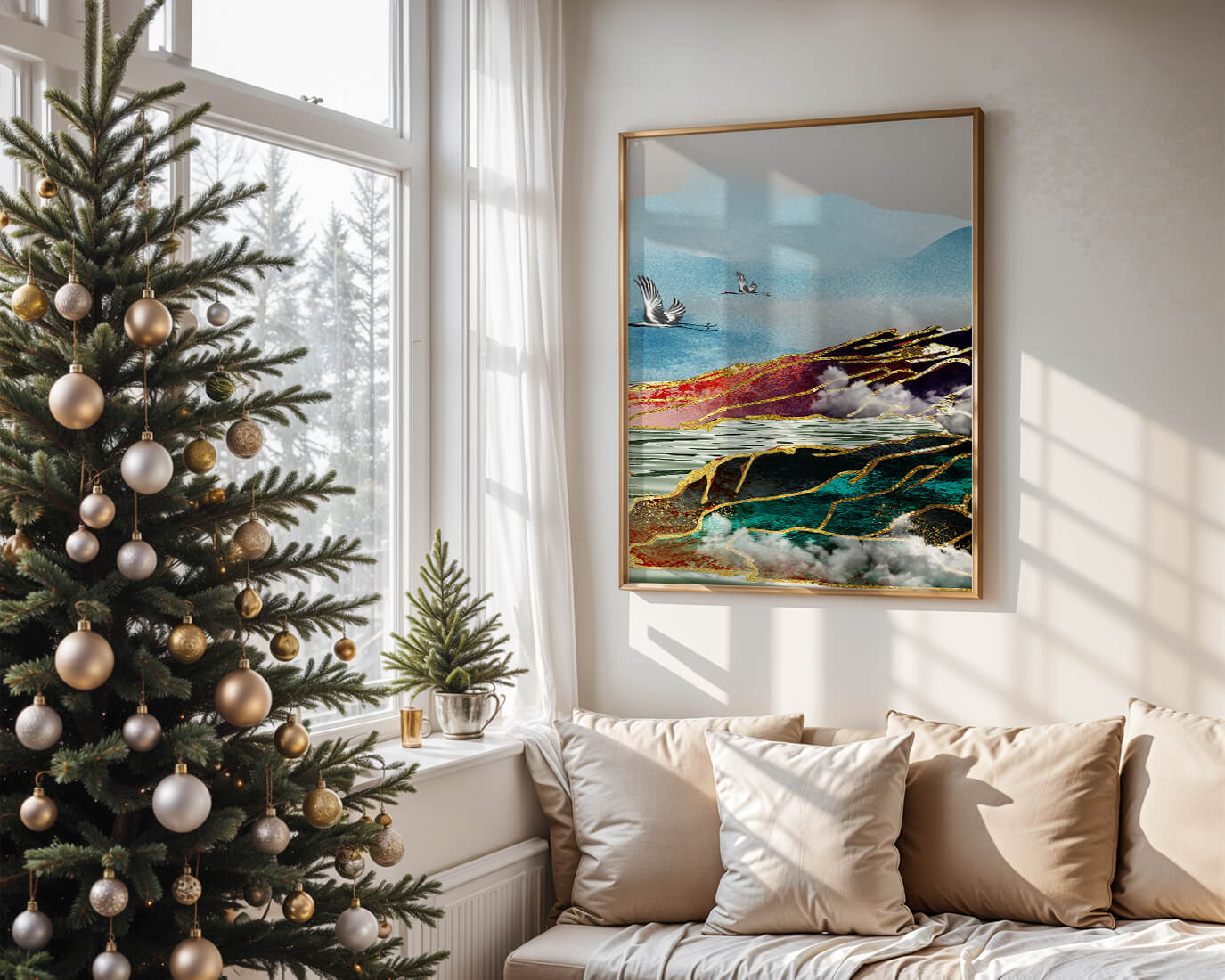 Majestic Landscape With Flying Cranes And Golden Accents