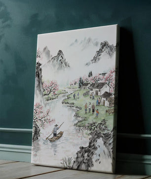 Idyllic Village Scene with Cherry Blossoms and a River