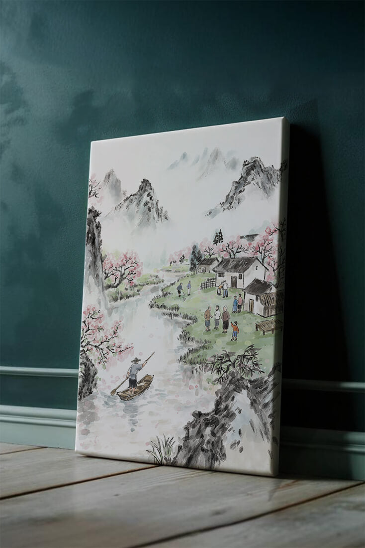 Idyllic Village Scene with Cherry Blossoms and a River