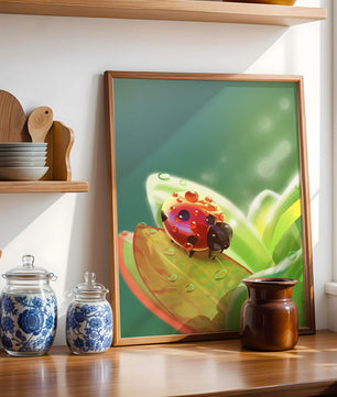 Ladybug on Leaf with Dew Drops in Serene Nature Setting - Mi tienda