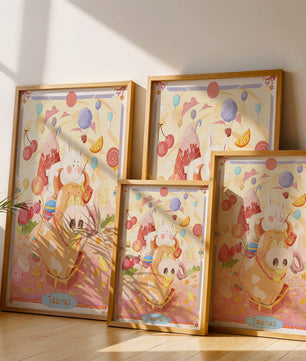 A whimsical Taurus zodiac illustration with playful animals and sweet treats
