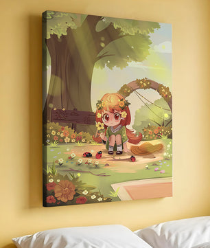 Charming anime-style scene with young girl, flowers, and nature background