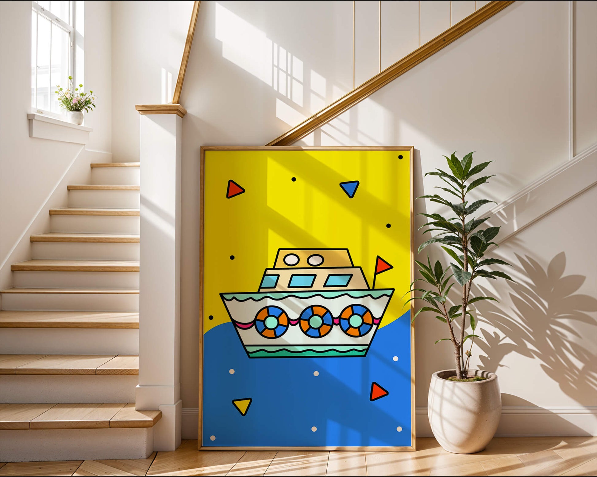 Colorful boat illustration with cartoon elements