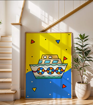 Colorful boat illustration with cartoon elements
