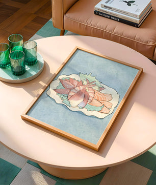 Illustration of seafood platter with shrimp and salmon on a decorative plate