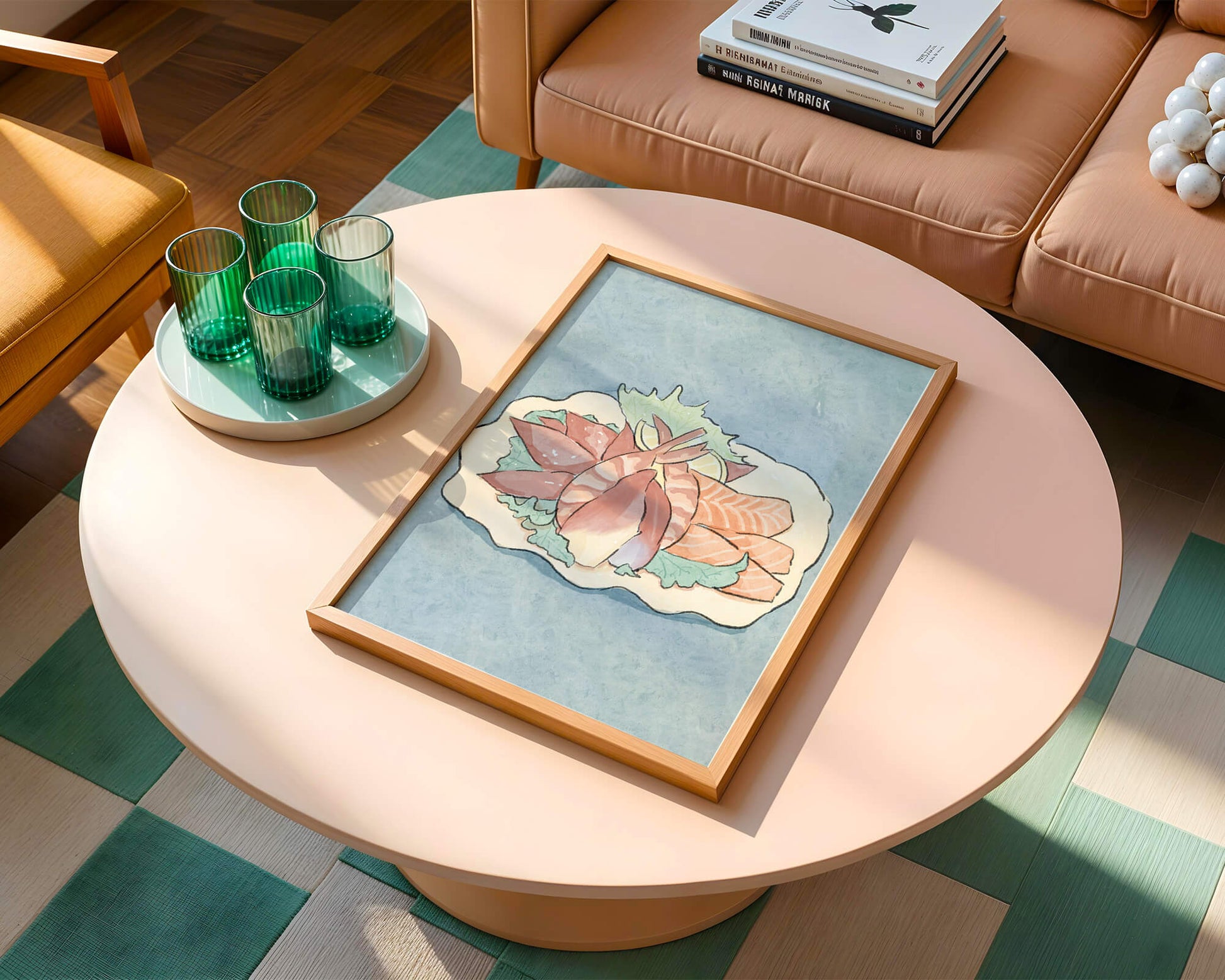 Illustration of seafood platter with shrimp and salmon on a decorative plate
