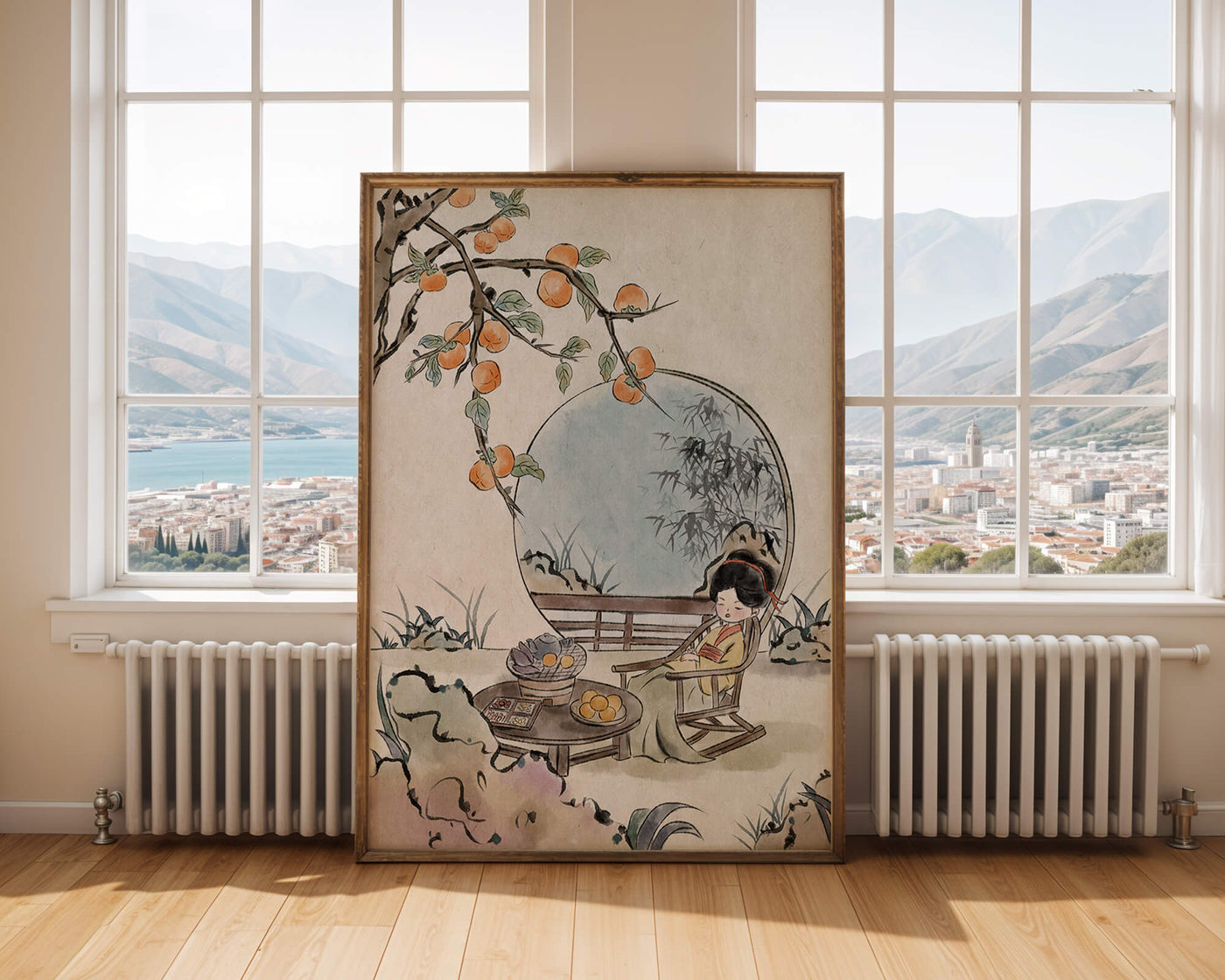 Tranquil garden scene with persimmons and serene figure