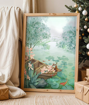 Serene Pond with Wooden Boat and Bridge Under Misty Sky - Mi tienda