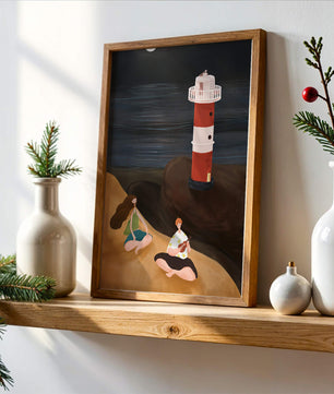 Peaceful Beach Scene with Lighthouse at Night