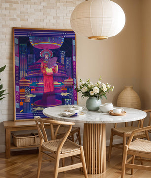 Futuristic Asian Inspired Artwork with Neon Colors and Geisha in Traditional Attire