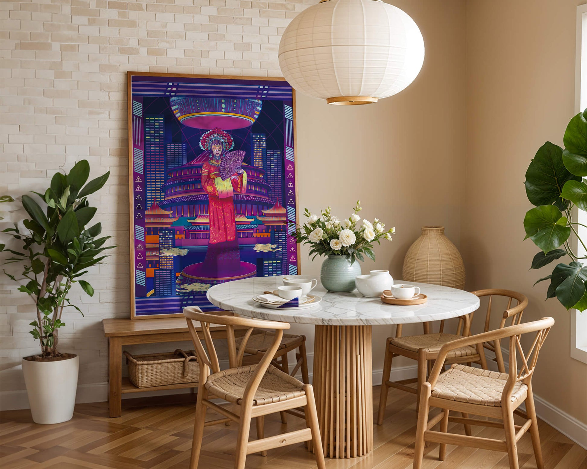 Futuristic Asian Inspired Artwork with Neon Colors and Geisha in Traditional Attire
