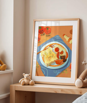 Whimsical Breakfast with Animated Tomatoes and Toast on a Bright Plate