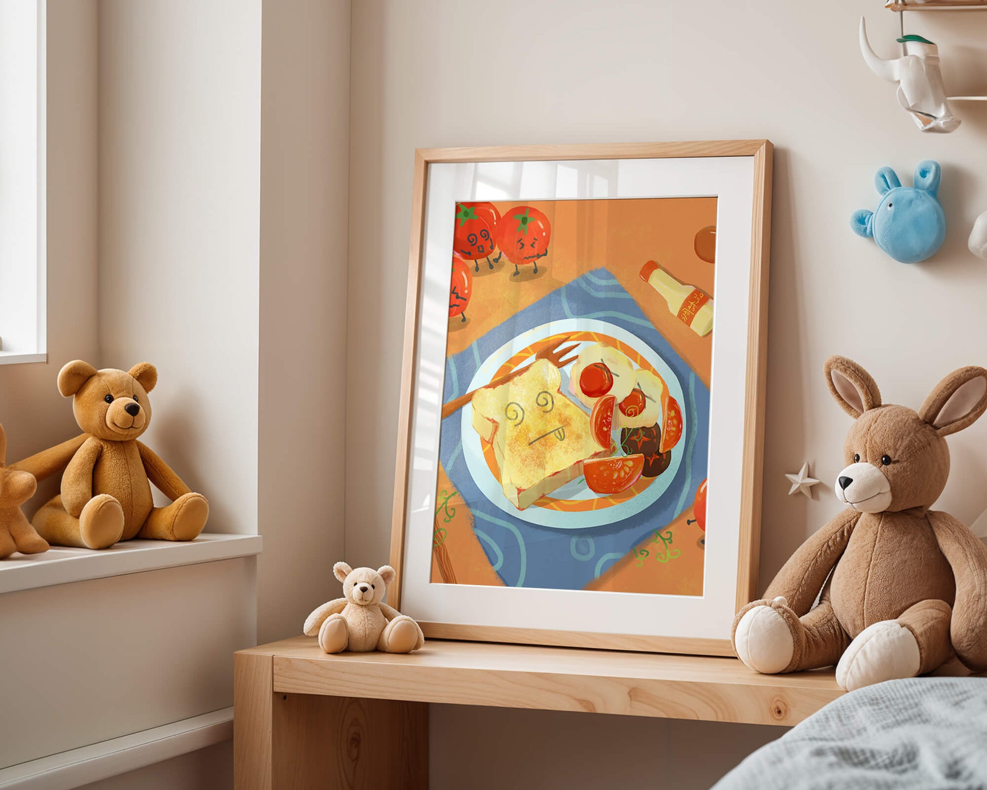 Desayuno caprichoso con tomates animados y tostadas en un plato brillante