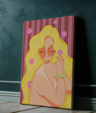 Ilustración abstracta de una mujer serena con el pelo largo y rubio y flores
