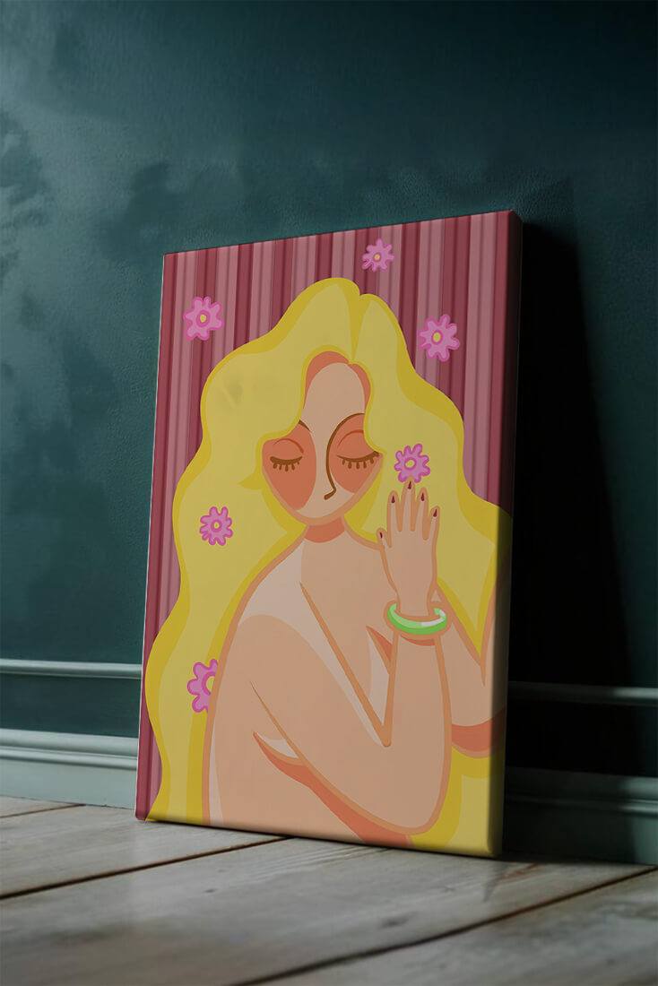 Ilustración abstracta de una mujer serena con el pelo largo y rubio y flores