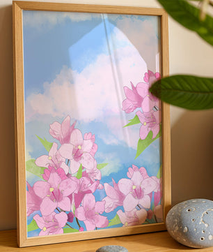 Ilustración de flores rosadas contra un cielo azul vibrante con nubes