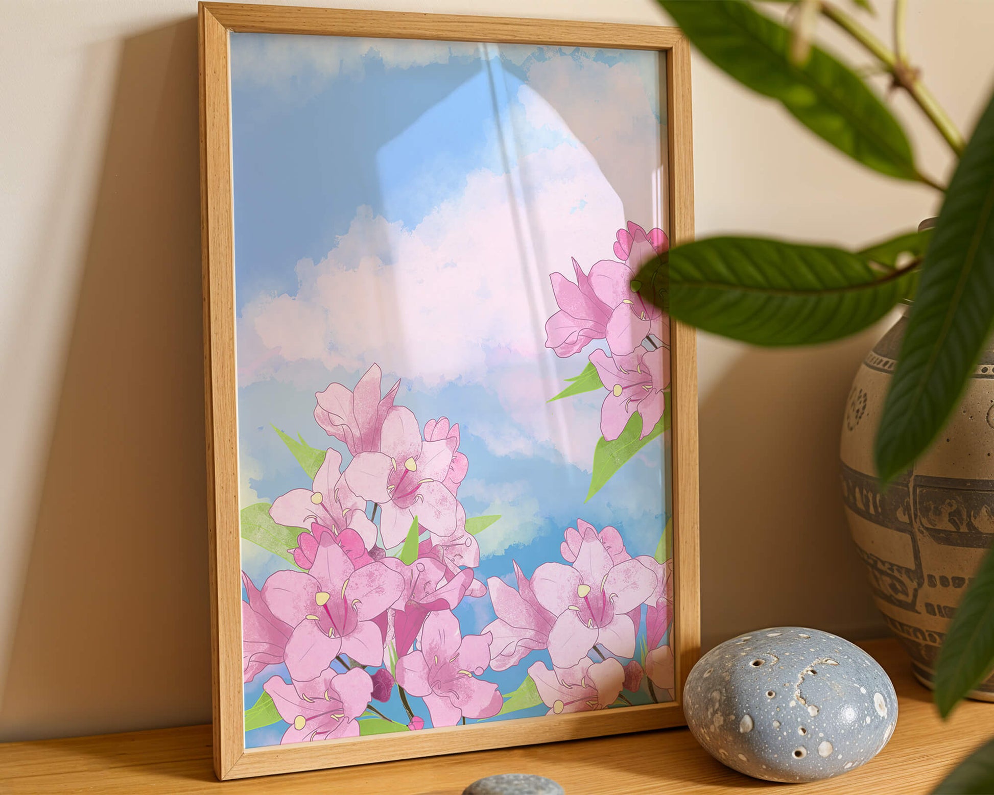 Ilustración de flores rosadas contra un cielo azul vibrante con nubes