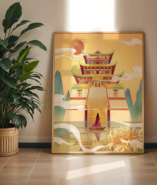 Ancient temple with serene landscape and vibrant colors artwork