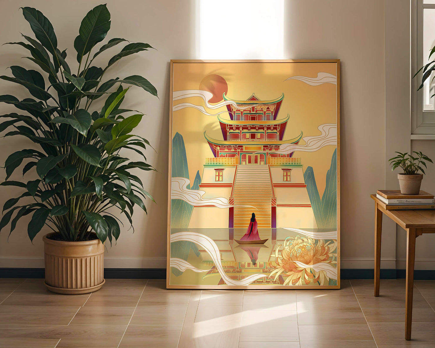 Ancient temple with serene landscape and vibrant colors artwork