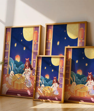 Moonlit Night with Lanterns and Tea Ceremony Featuring Rabbits and Mooncakes