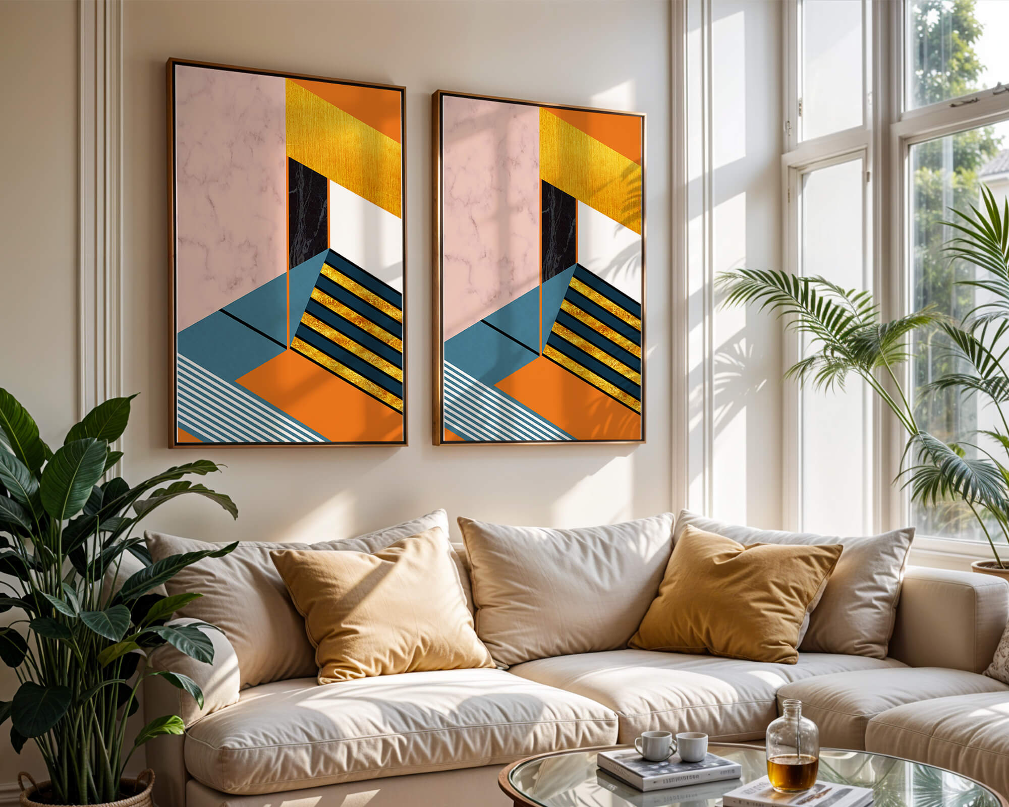Abstract geometric design with marble and gold textures