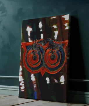 Abstract artwork featuring colorful geometric owl design