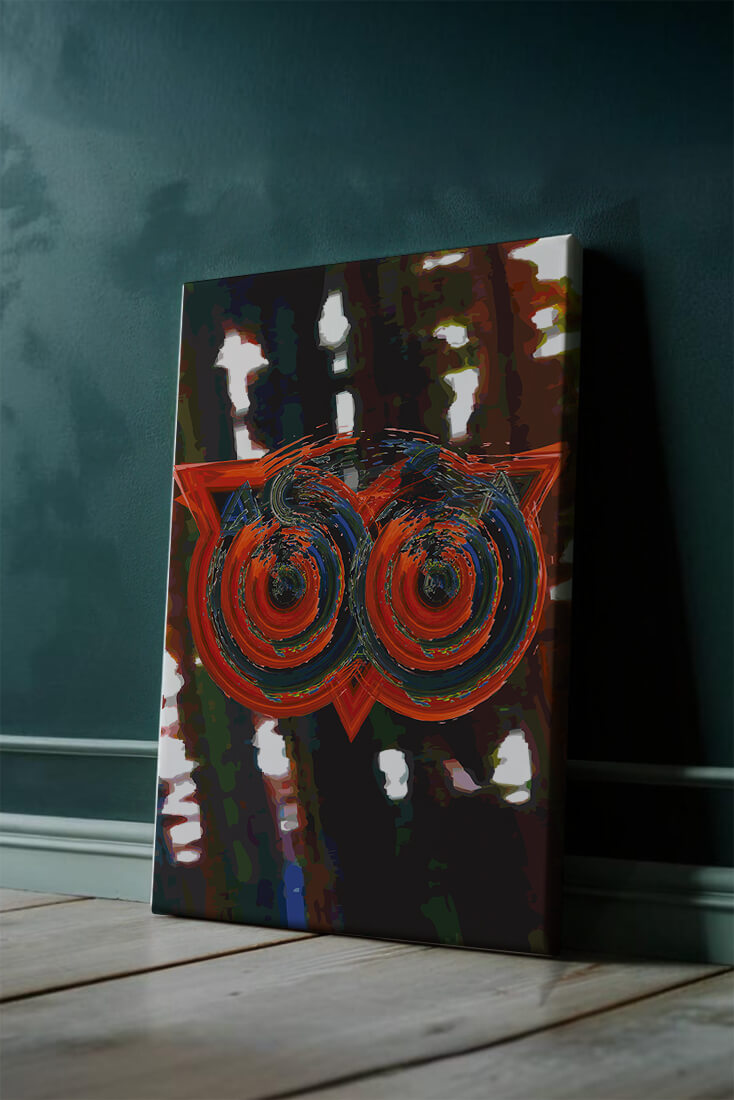 Abstract artwork featuring colorful geometric owl design