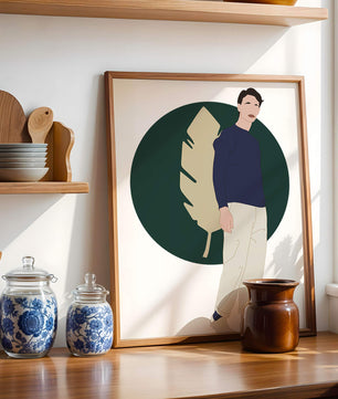 Illustration of a man standing with abstract leaf background