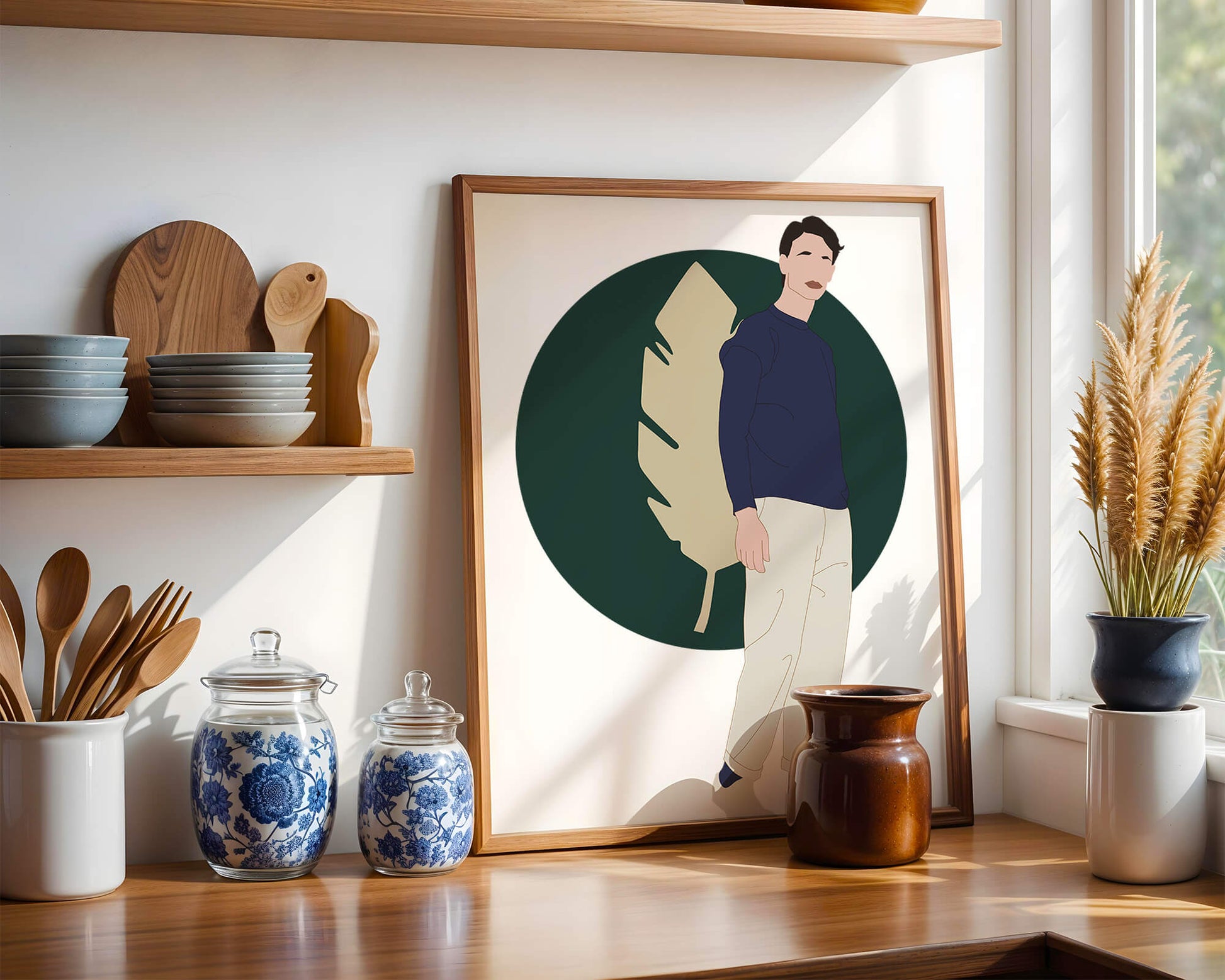 Illustration of a man standing with abstract leaf background