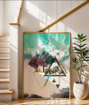Abstract Geometric Landscape with Vibrant Trees and Birds - Mi tienda